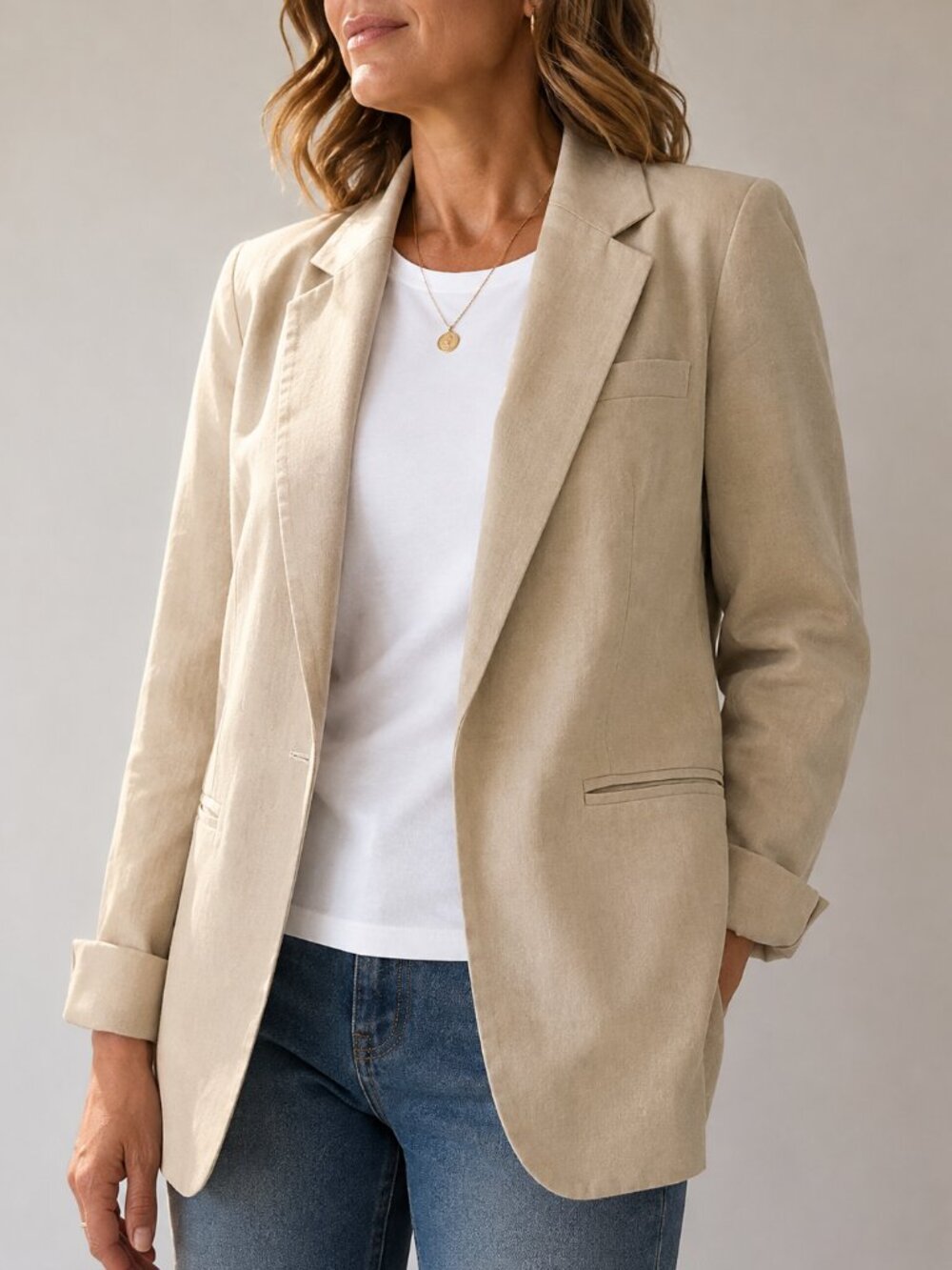 Rachel Zoe Linen Cotton Boyfriend Blazer Large Tan Oatmeal - Picture 3 of 8